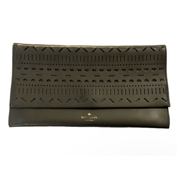 Kate Spade Perforated Leather Envelope Clutch Black Laser Cut Small Bag Preppy - Picture 1 of 14